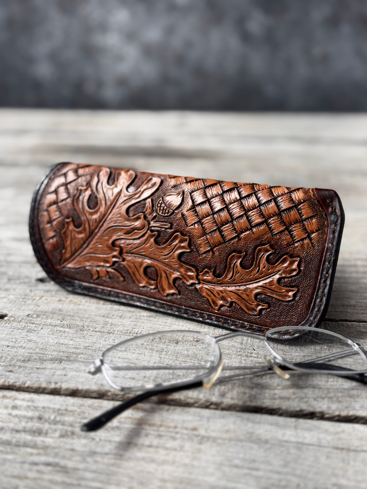 Hand Carved Oak Leaf Leather Eyeglass Case