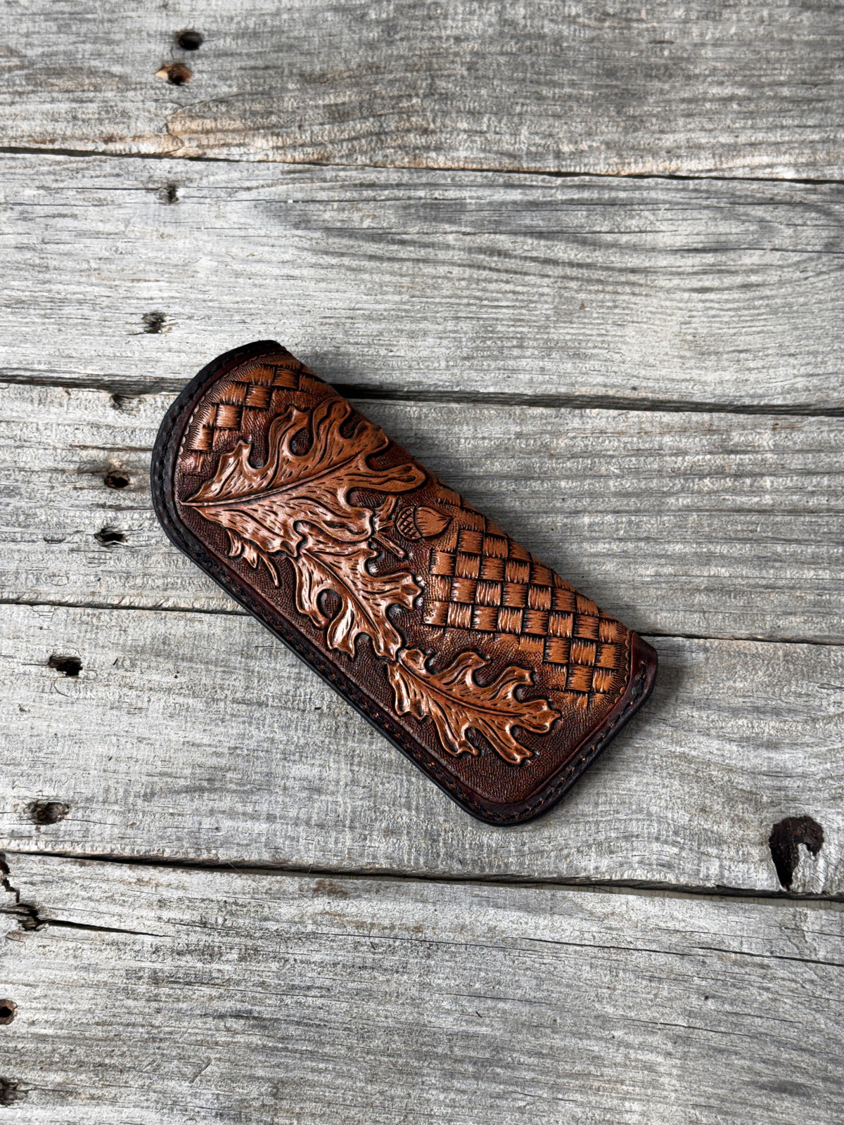 Hand Carved Oak Leaf Leather Eyeglass Case