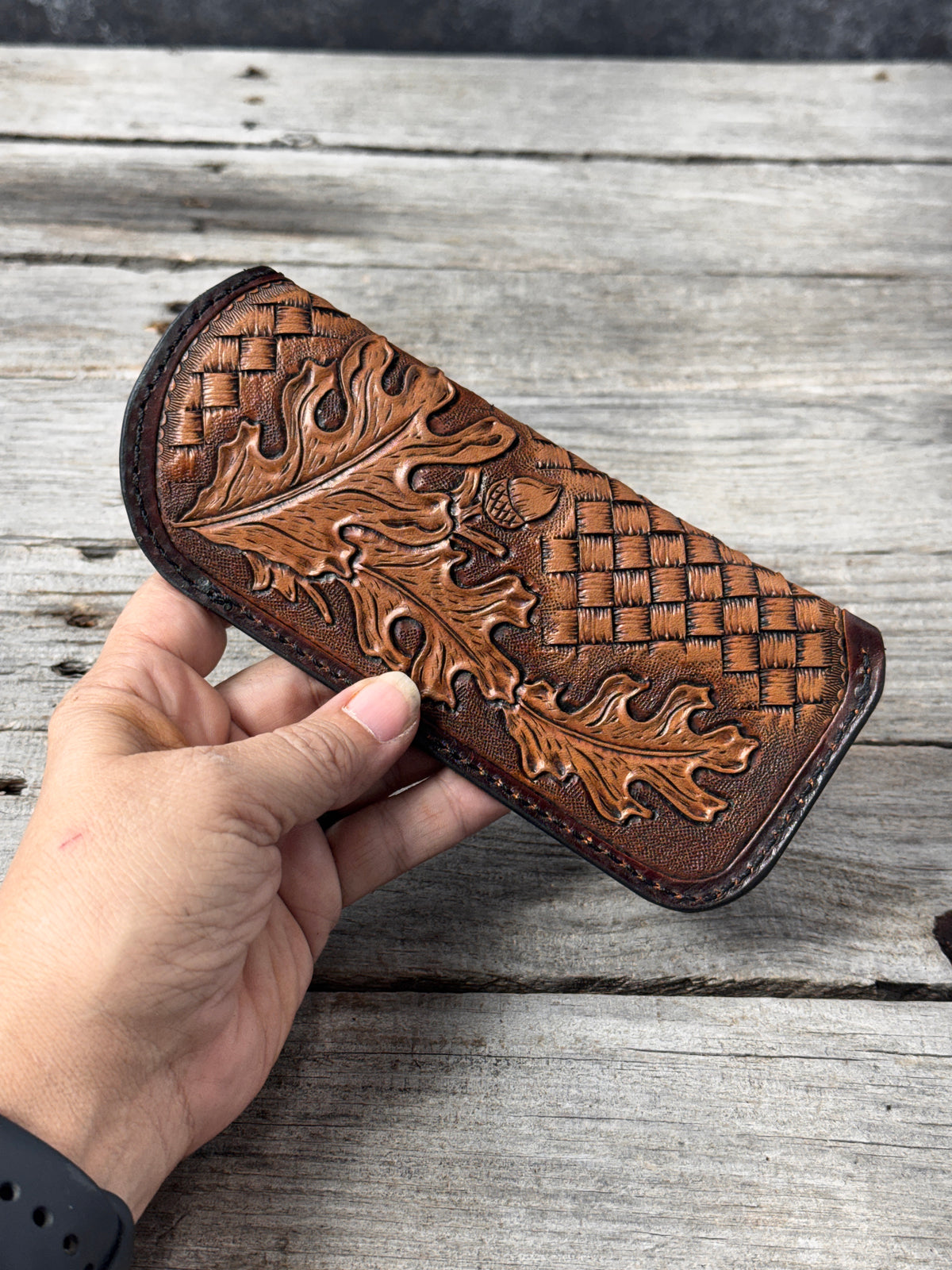 Hand Carved Oak Leaf Leather Eyeglass Case