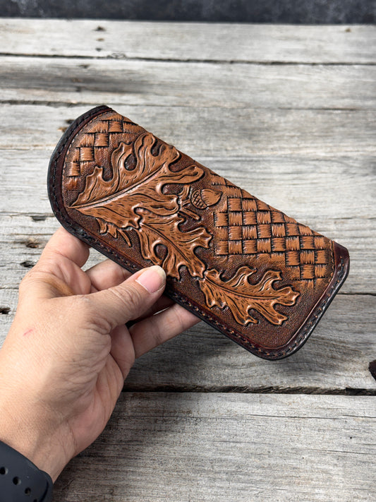 Hand Carved Oak Leaf Leather Eyeglass Case