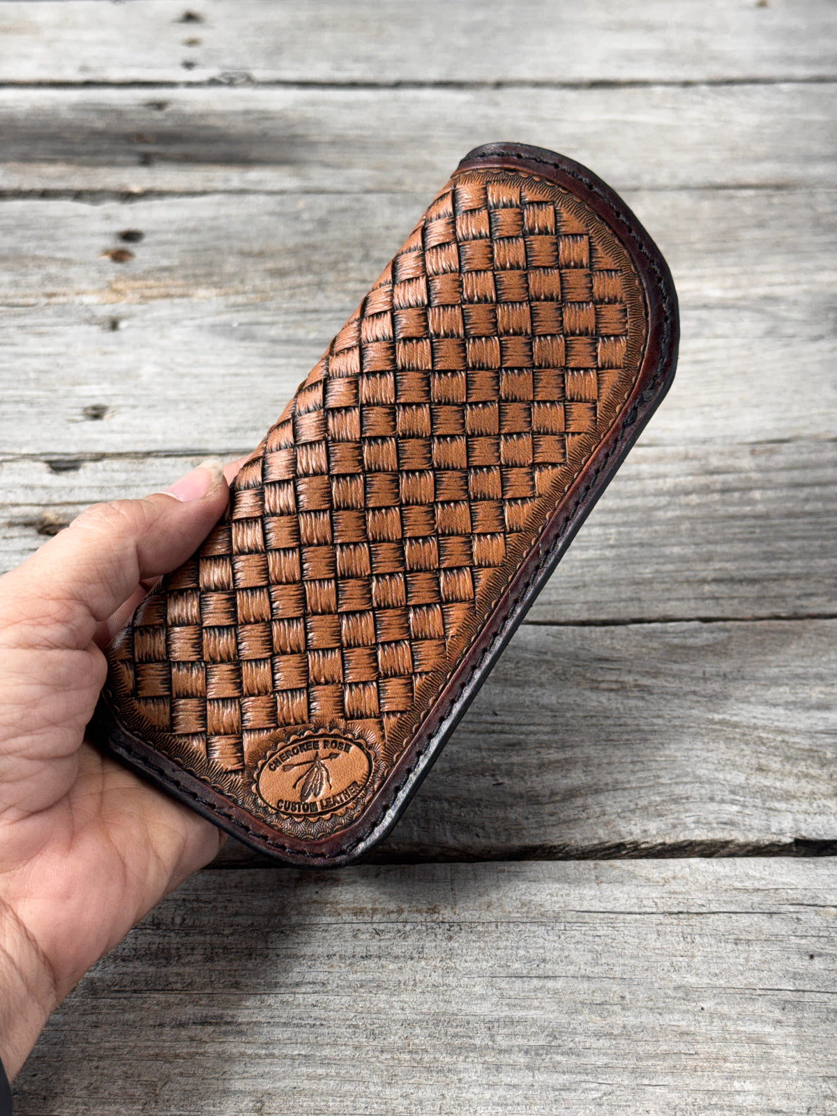 Hand Carved Oak Leaf Leather Eyeglass Case