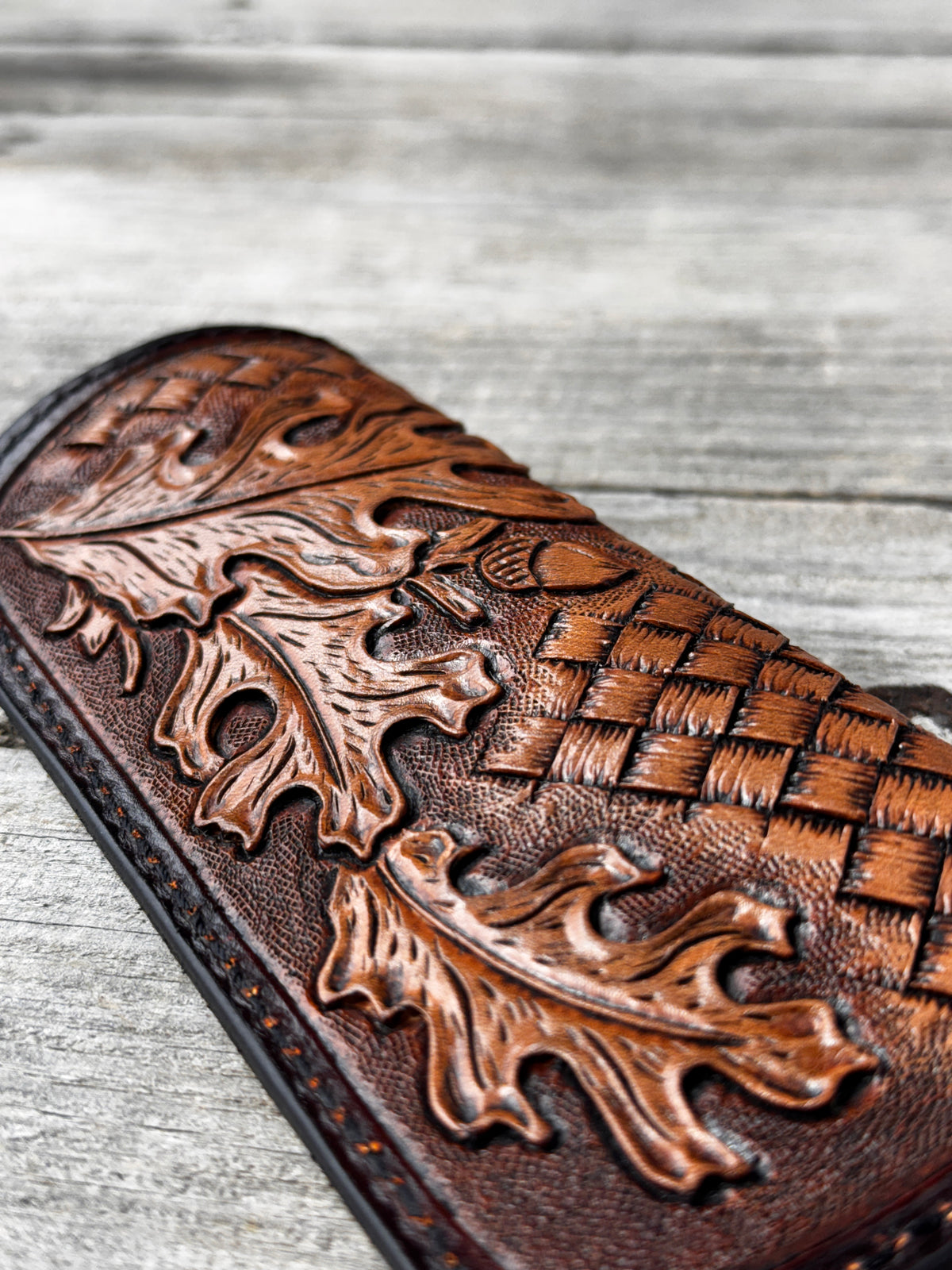 Hand Carved Oak Leaf Leather Eyeglass Case
