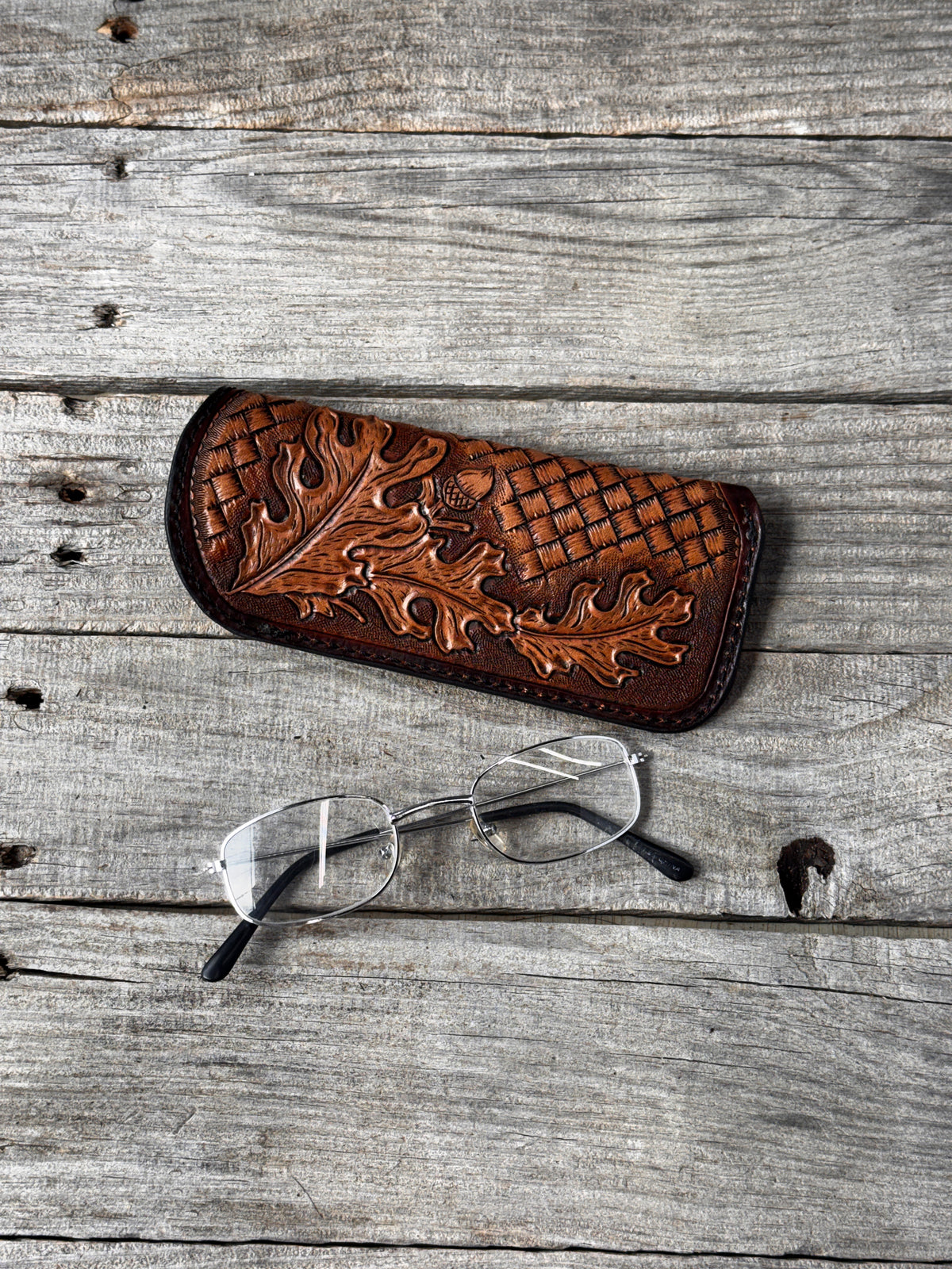 Hand Carved Oak Leaf Leather Eyeglass Case
