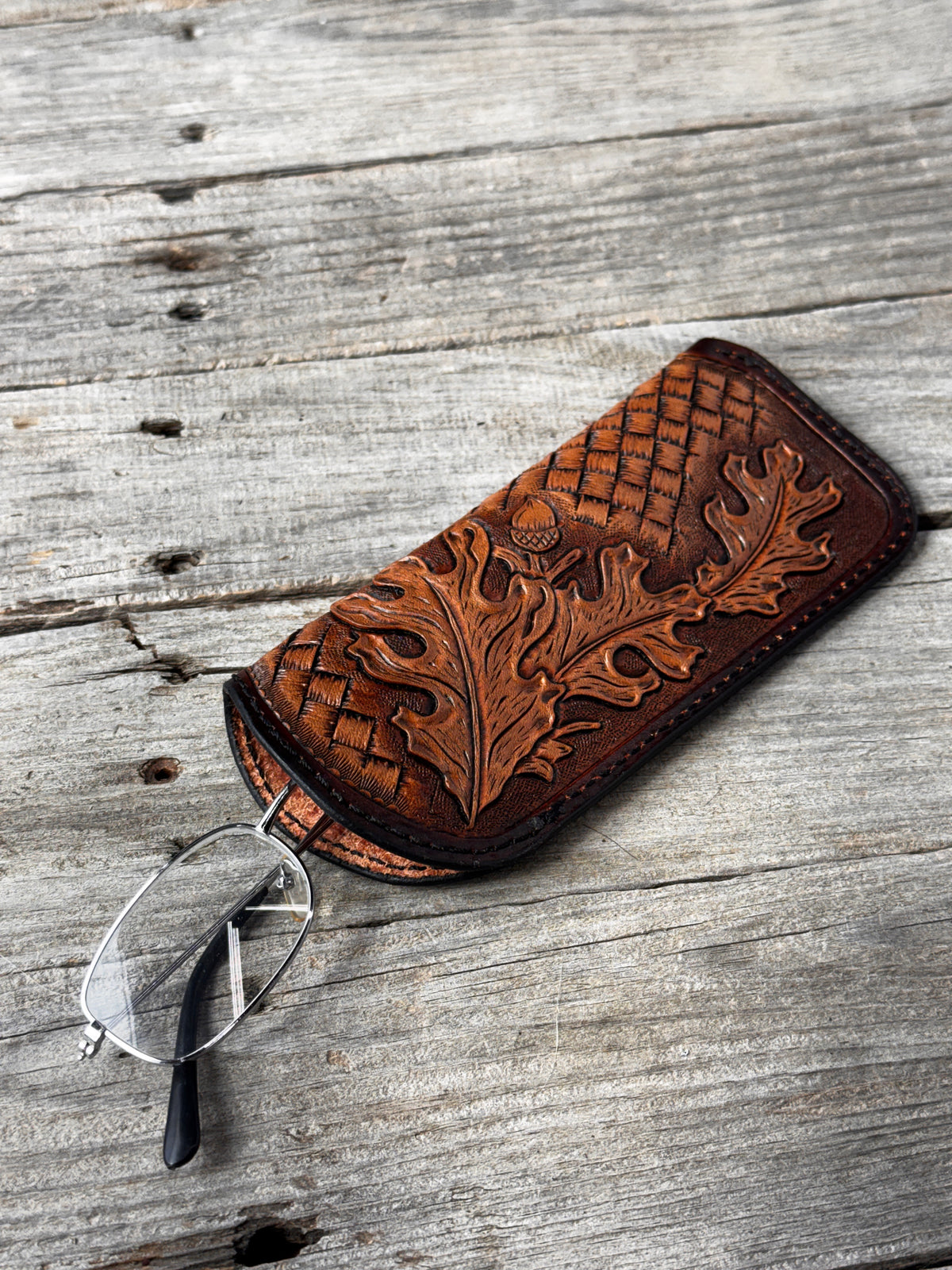 Hand Carved Oak Leaf Leather Eyeglass Case