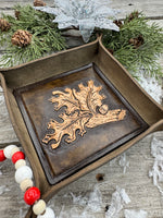 Hand-tooled leather valet tray with carved oak leaf and acorn design, handmade by Cherokee Rose Custom Leather in East Texas