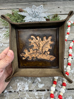 Hand-tooled leather valet tray with carved oak leaf and acorn design, handmade by Cherokee Rose Custom Leather in East Texas
