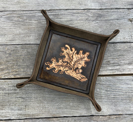 Oak Leaf Carved Leather Valet Tray