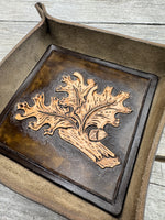 Oak Leaf Carved Leather Valet Tray