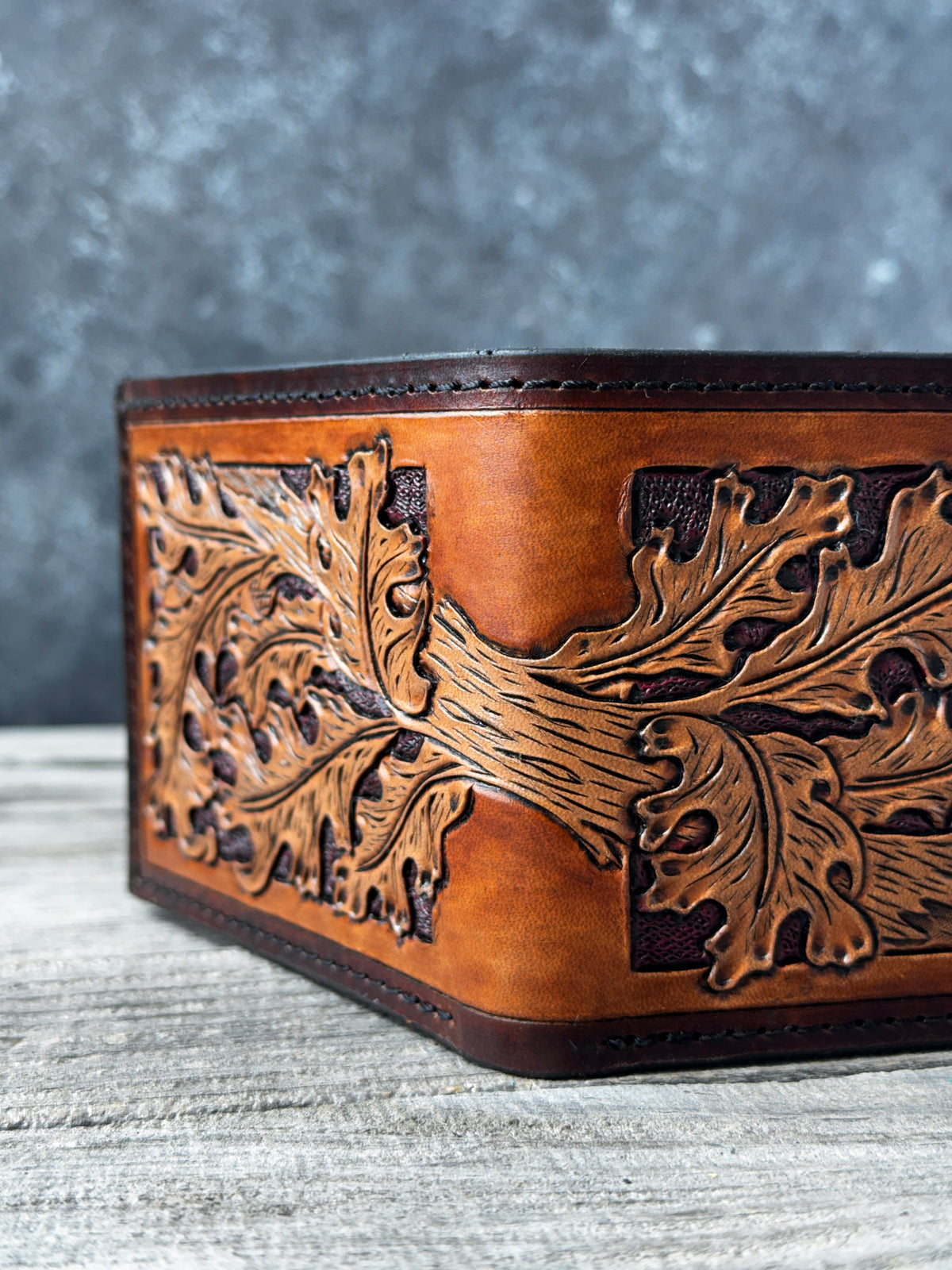 Hand Carved Oak Leaf Leather Bifold Wallet