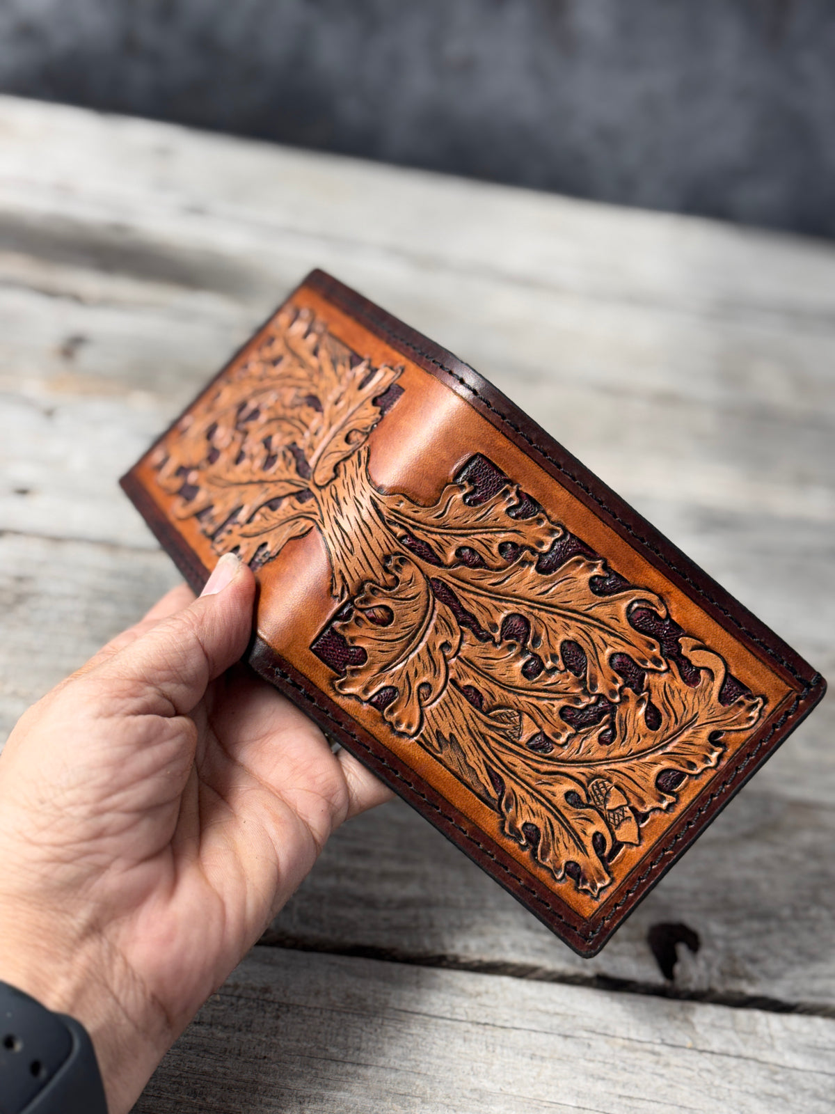 Hand Carved Oak Leaf Leather Bifold Wallet
