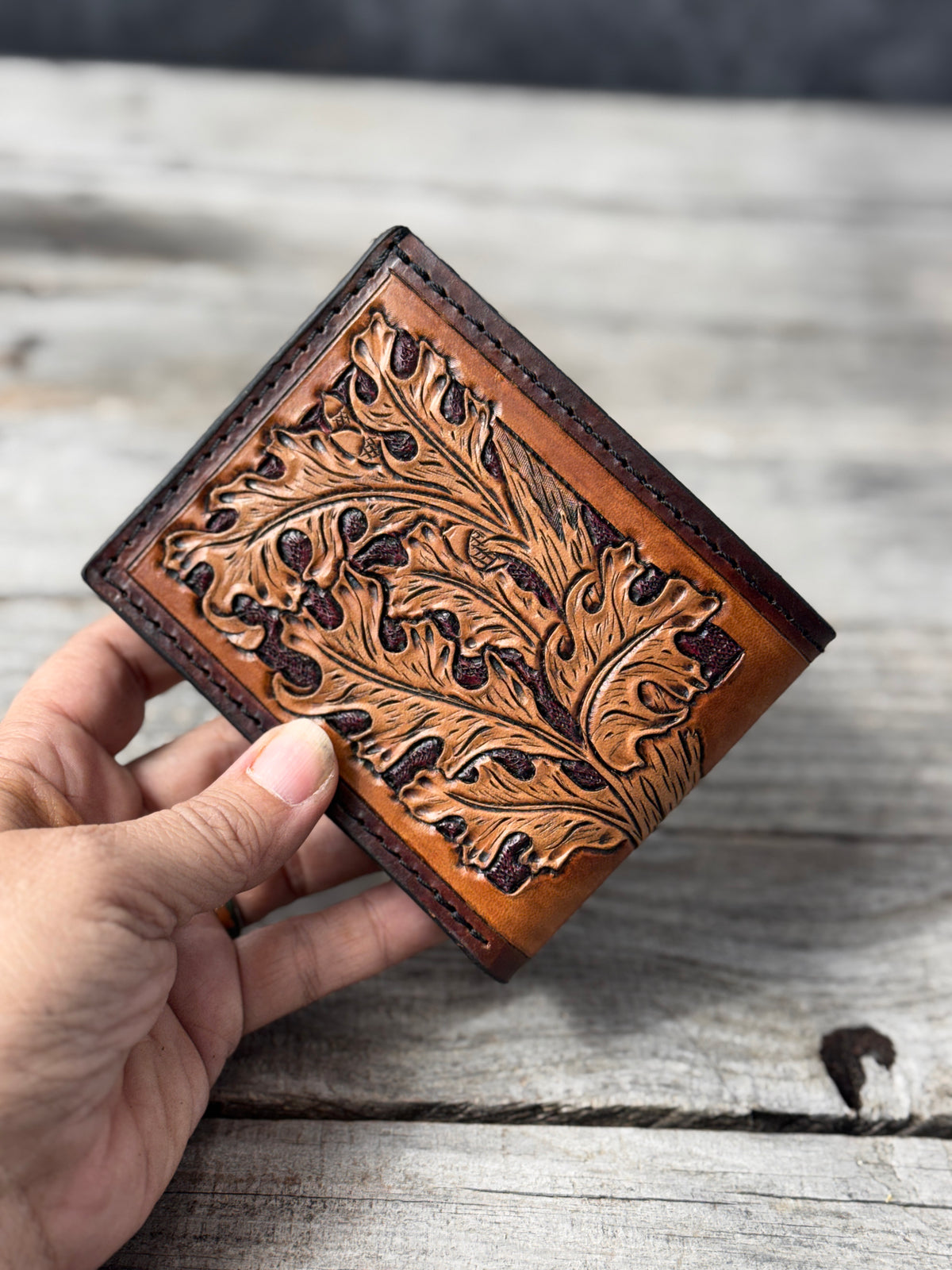Hand Carved Oak Leaf Leather Bifold Wallet