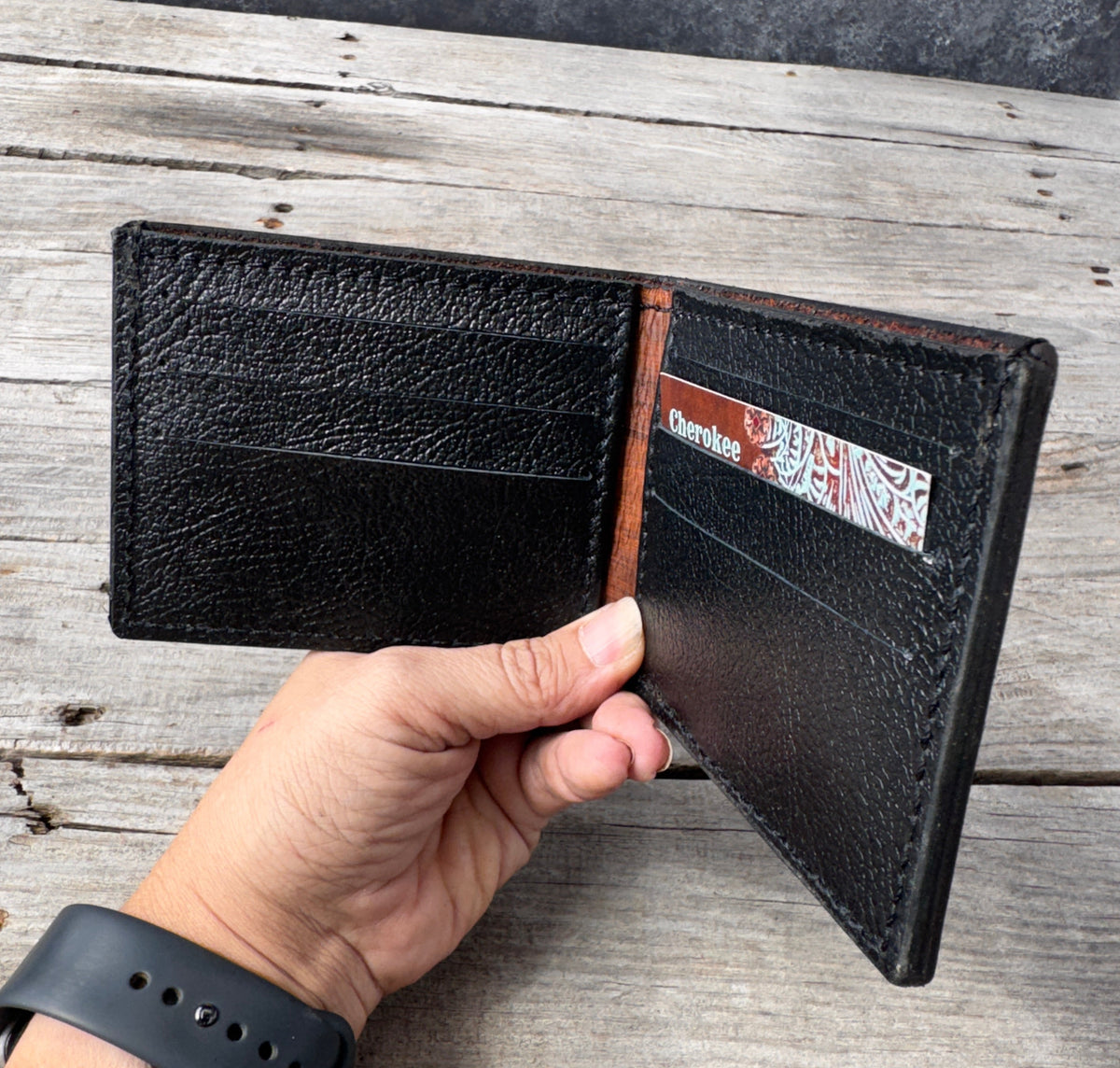 Hand Carved Oak Leaf Leather Bifold Wallet