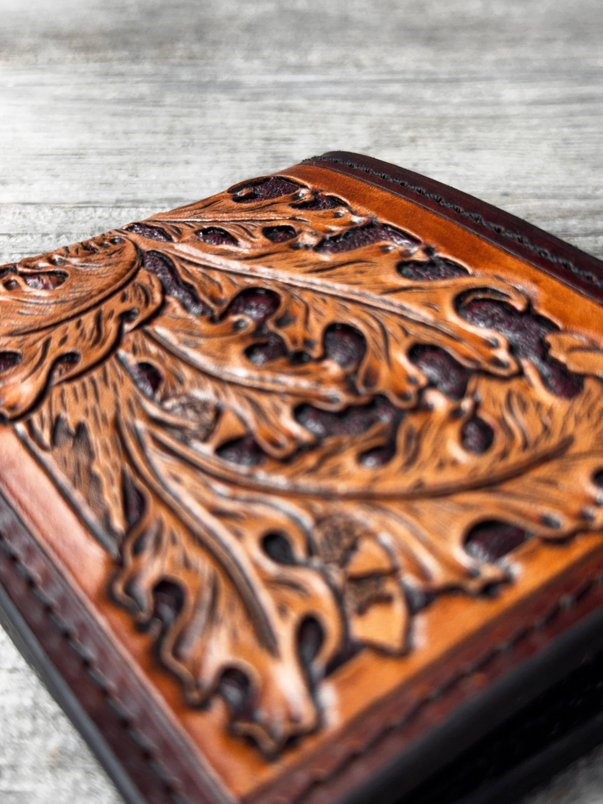 Hand Carved Oak Leaf Leather Bifold Wallet