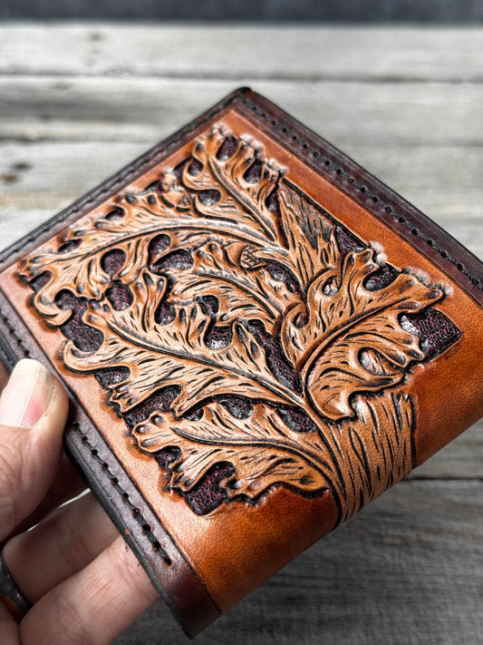 Hand Carved Oak Leaf Leather Bifold Wallet