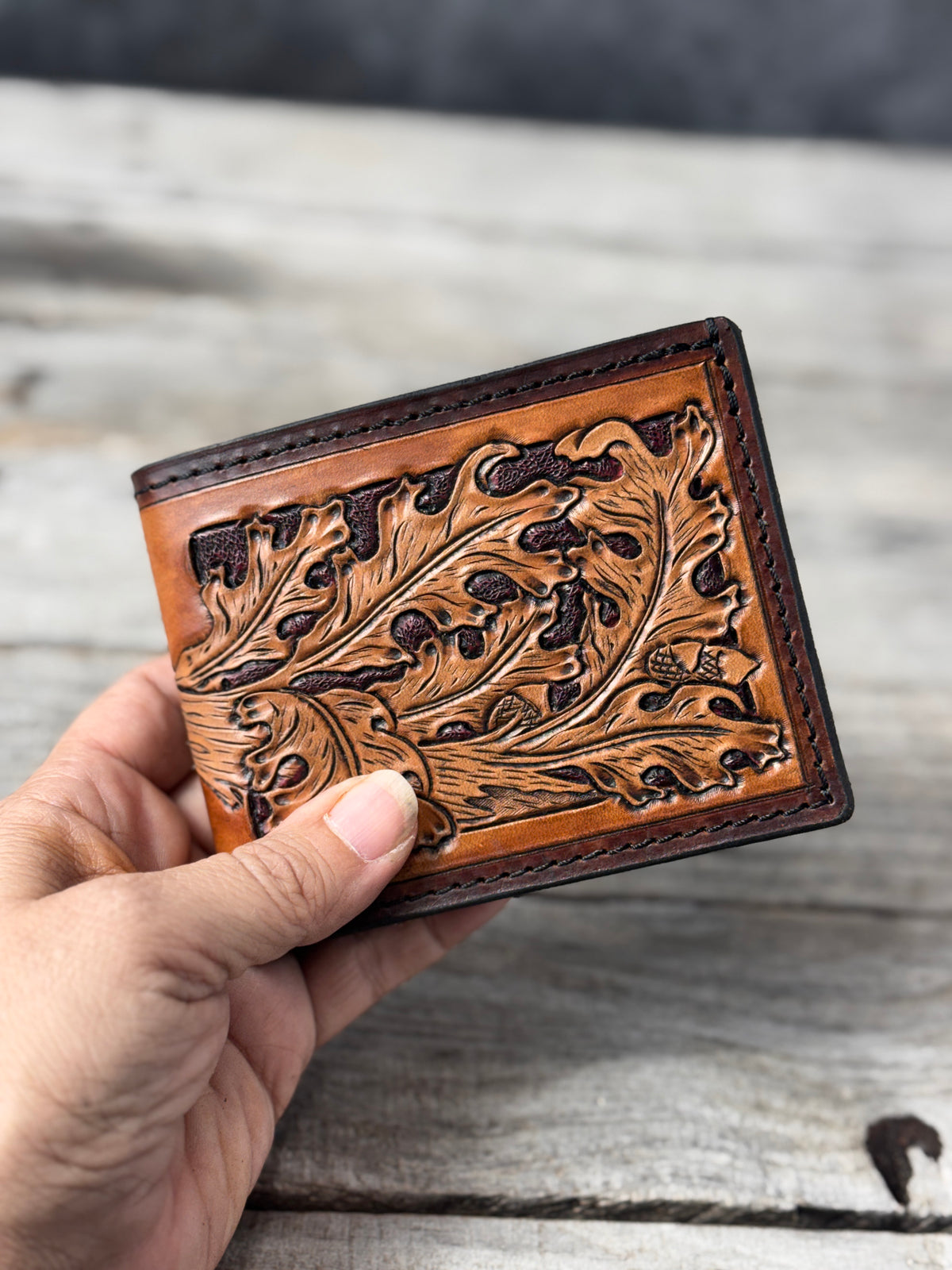 Hand Carved Oak Leaf Leather Bifold Wallet