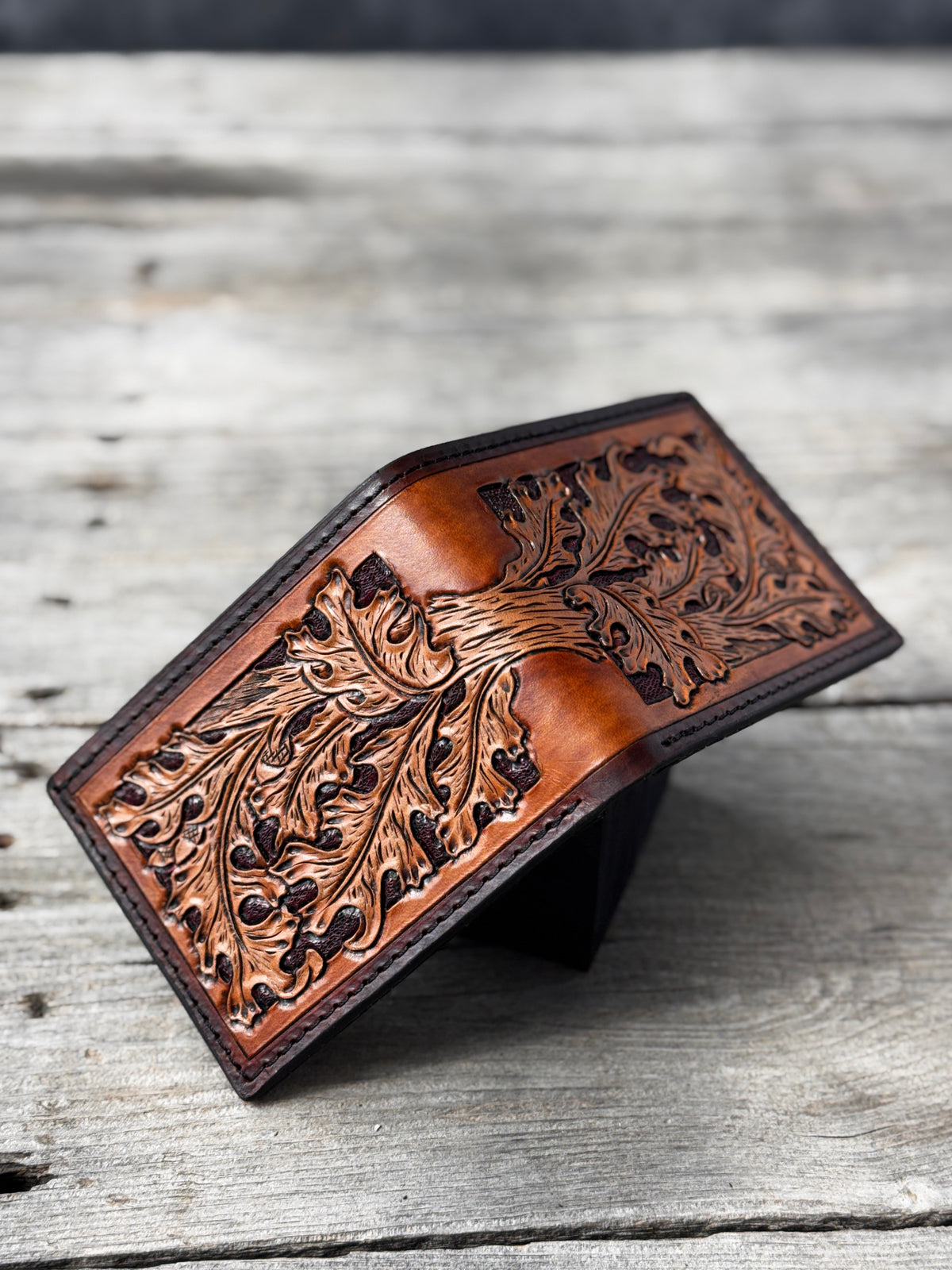 Hand Carved Oak Leaf Leather Bifold Wallet