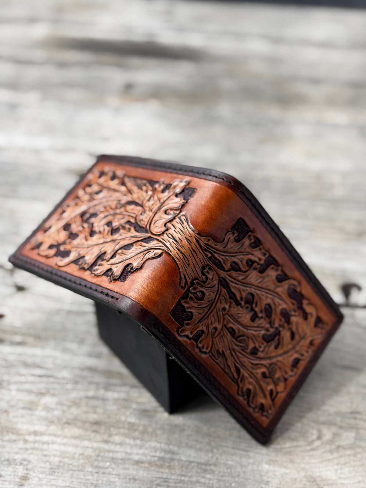 Hand Carved Oak Leaf Leather Bifold Wallet