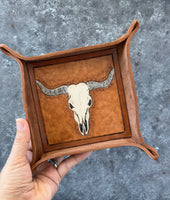 Carved Longhorn Leather Valet Tray