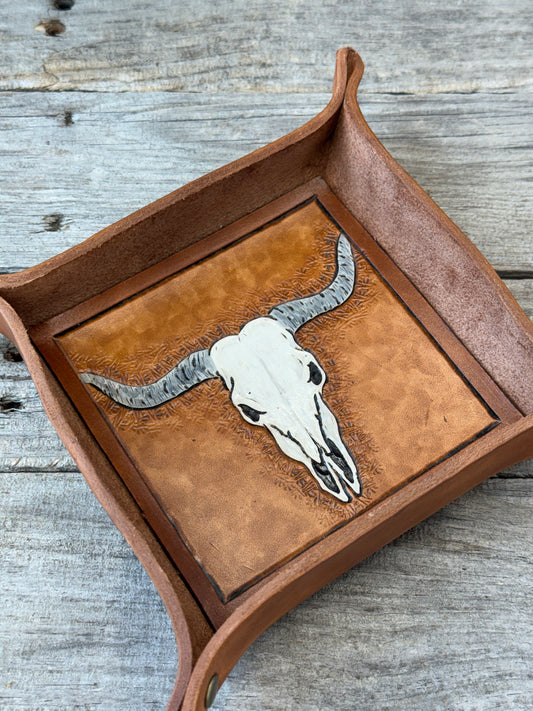 Carved Longhorn Leather Valet Tray