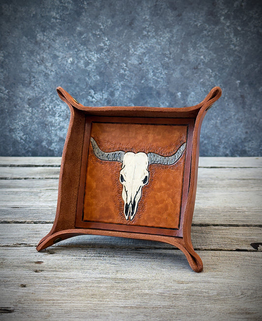Carved Longhorn Leather Valet Tray