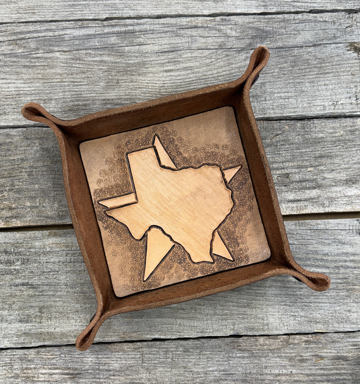 Carved Texas Star Leather Valet Tray