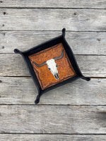 Carved Texas Longhorn Leather Valet Tray