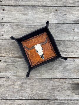 Carved Texas Longhorn Leather Valet Tray