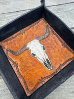 Carved Texas Longhorn Leather Valet Tray