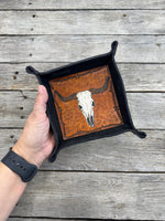 Carved Texas Longhorn Leather Valet Tray