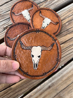 Carved Texas Longhorn Leather Coaster Set of 4
