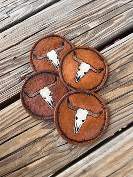 Carved Texas Longhorn Leather Coaster Set of 4