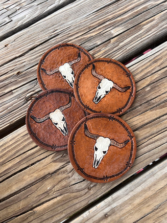 Carved Texas Longhorn Leather Coaster Set of 4
