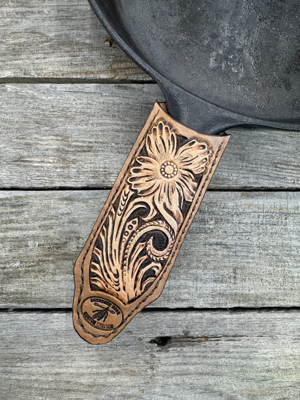 Leather Cast Iron Skillet Handle Cover – Western Floral Scroll Design