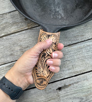 Leather Cast Iron Skillet Handle Cover – Western Floral Scroll Design