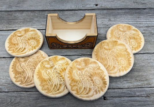 handmade leather coaster holder with wood coasters cowboy hat sunflower design