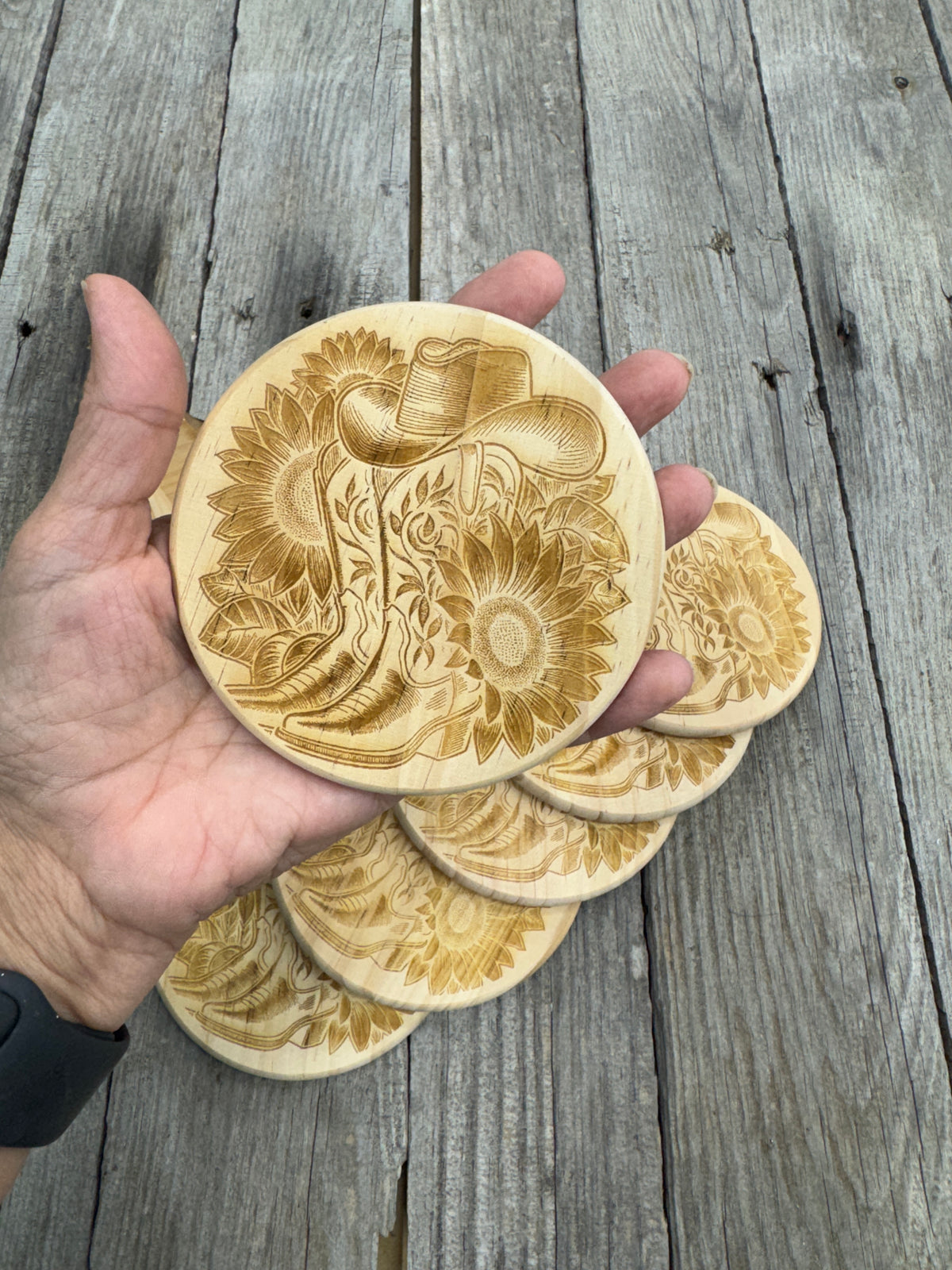 Western Coaster Set with Tooled Leather Holder – Cowboy Boot & Sunflower Engraved Wood Coasters