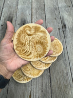 Western Coaster Set with Tooled Leather Holder – Cowboy Boot & Sunflower Engraved Wood Coasters