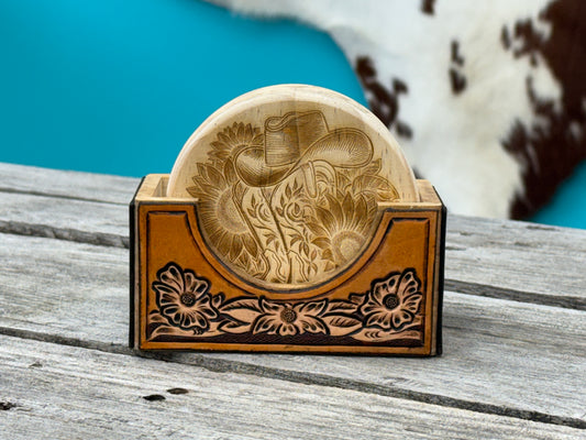 western coaster set with tooled leather holder and engraved cowboy boot coasters