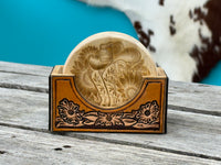 western coaster set with tooled leather holder and engraved cowboy boot coasters