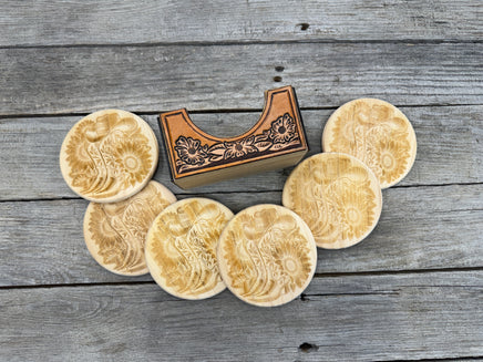 rustic western drink coasters with leather holder handmade Texas