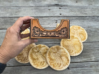 engraved wood coasters with cowboy boots and sunflowers in leather holder