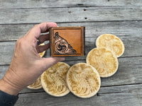 Western Coaster Set with Tooled Leather Holder – Cowboy Boot & Sunflower Engraved Wood Coasters