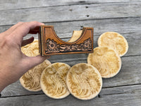 Western Coaster Set with Tooled Leather Holder – Cowboy Boot & Sunflower Engraved Wood Coasters