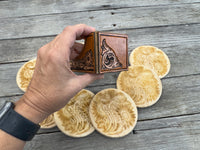 Western Coaster Set with Tooled Leather Holder – Cowboy Boot & Sunflower Engraved Wood Coasters
