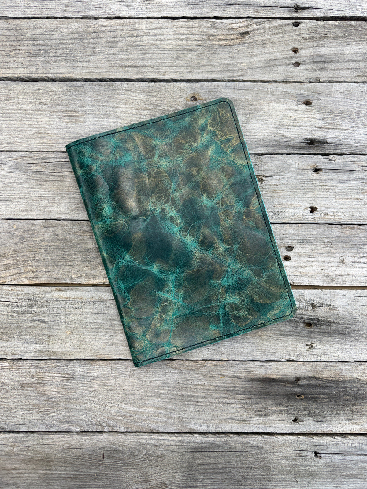 Copper and turquoise oil tanned leather composition notebook cover with natural color variation, handmade leather journal cover.