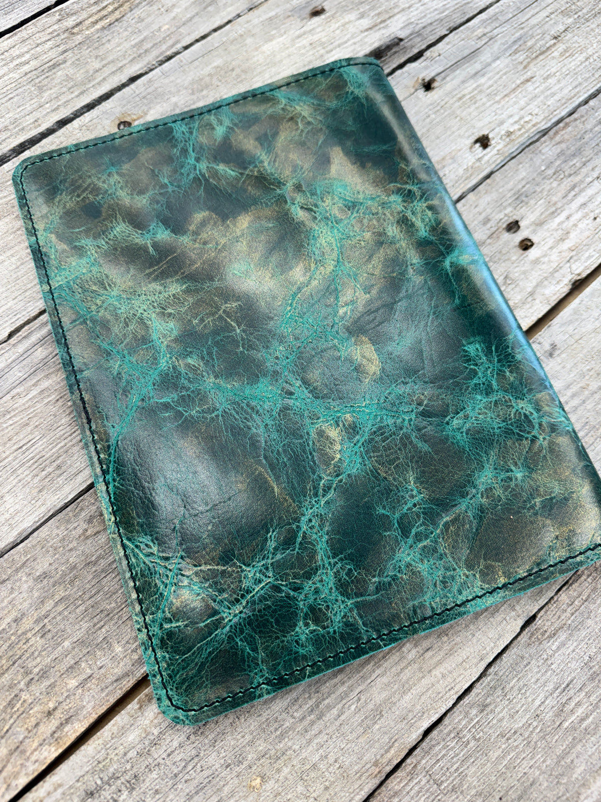 Copper and turquoise oil tanned leather composition notebook cover with natural color variation, handmade leather journal cover.
