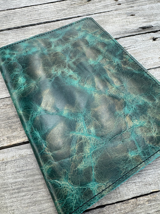 Copper and turquoise oil tanned leather composition notebook cover with natural color variation, handmade leather journal cover.