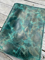 Copper and turquoise oil tanned leather composition notebook cover with natural color variation, handmade leather journal cover.