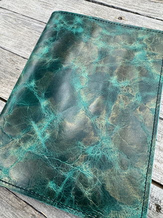 Copper and turquoise oil tanned leather composition notebook cover with natural color variation, handmade leather journal cover.