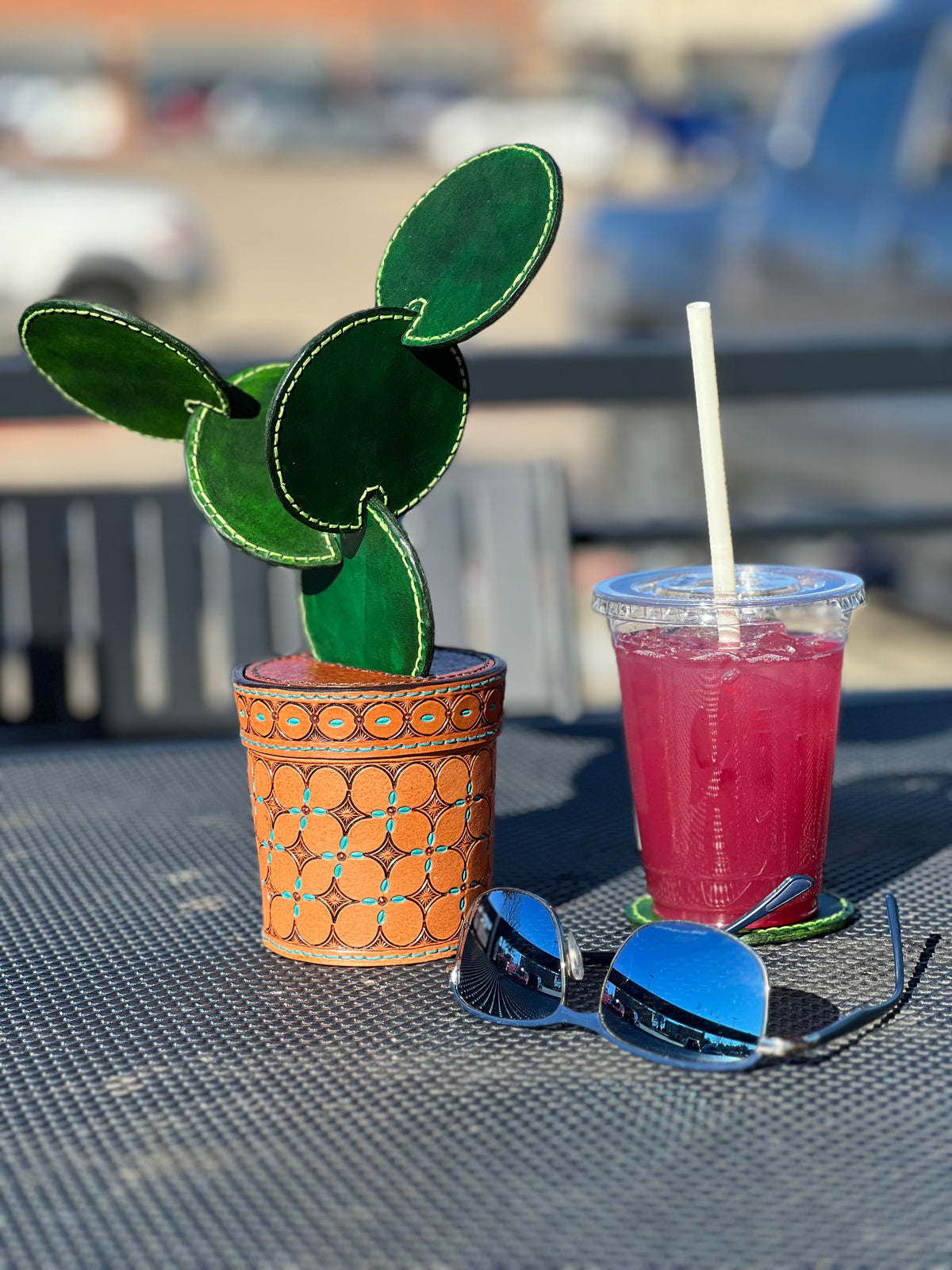 Leather Prickly Pear Cactus Coaster Gift Set